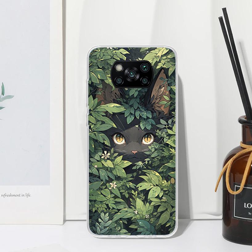 Anime Cute Black Cat Meow Phone Case For Xiaomi Poco X7 X6 X5 M7 M8 Pro F7 Ultra Redmi 15C 15 13C 13 12C 12 10 10C 10A Art Funda