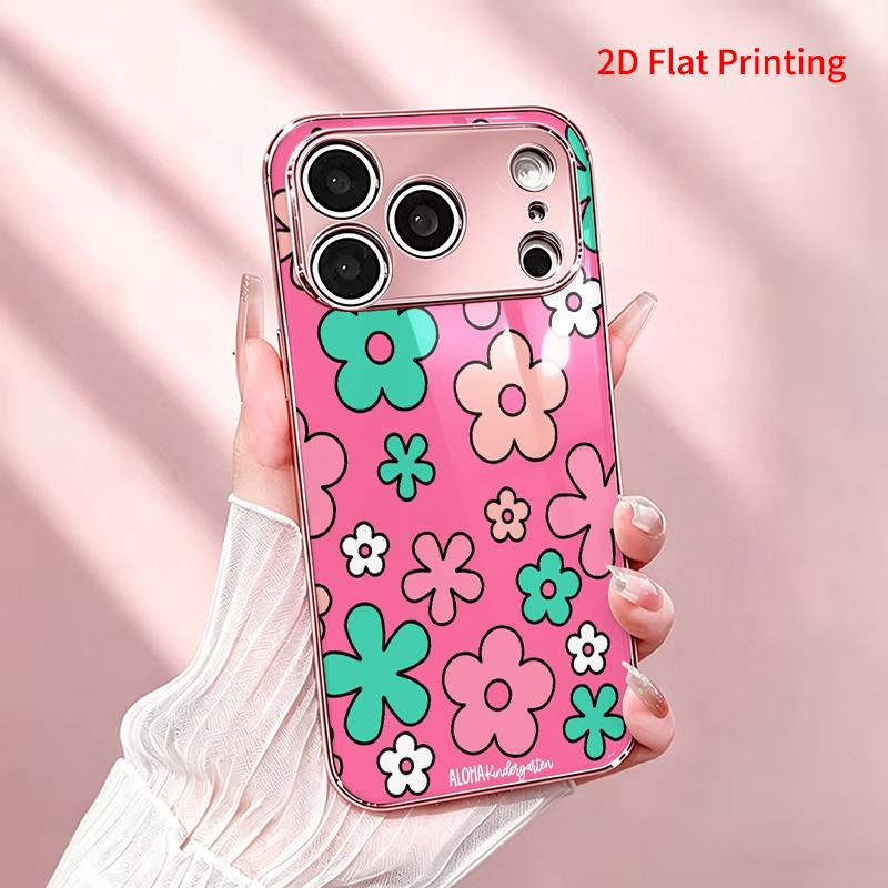 2DFlat electroplated tempered glass phone case,Pink Background with Teal,and Peach Flowers,suitable for iPhone 18 Pro Max 17 16 15 14 13 12 11