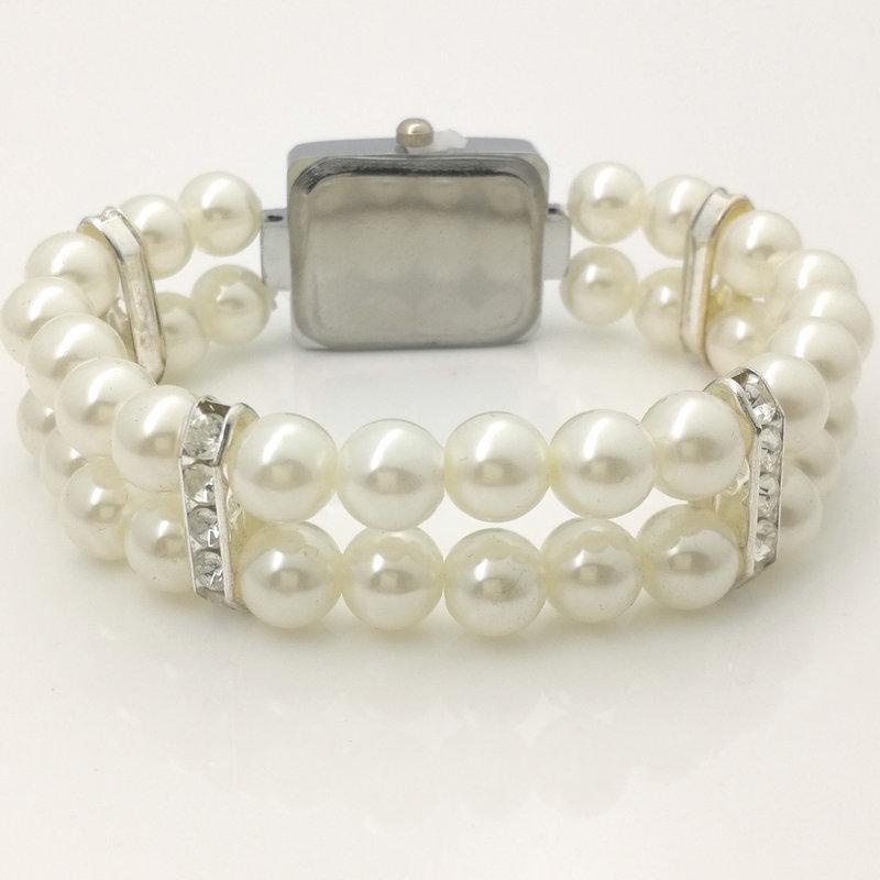 Women's Double-Row Imitation Pearl Beaded Bracelet Watch with Diamond-Set Quartz