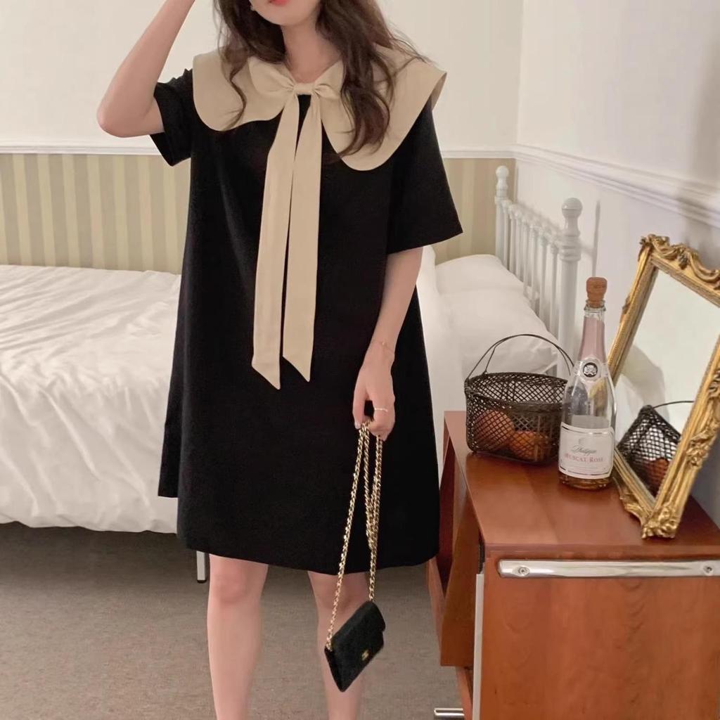 Korean Style Reversible Color-Block Dress with Bow and Doll Collar – College Niche Design, Short Skirt for Summer
