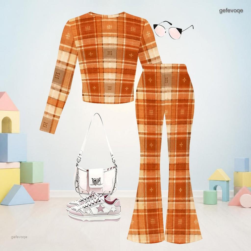 Girls Abstract Face Printed Round Neck Long Sleeve Top And Flared Pants Two Piece Outfit