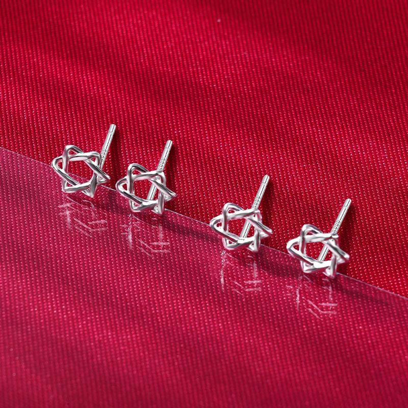 

S999 Stud Earrings Female Sleep No Need to Take off Anti-Blocking Pure Silver 999 Sterling Silver Hexagram 2 Pair