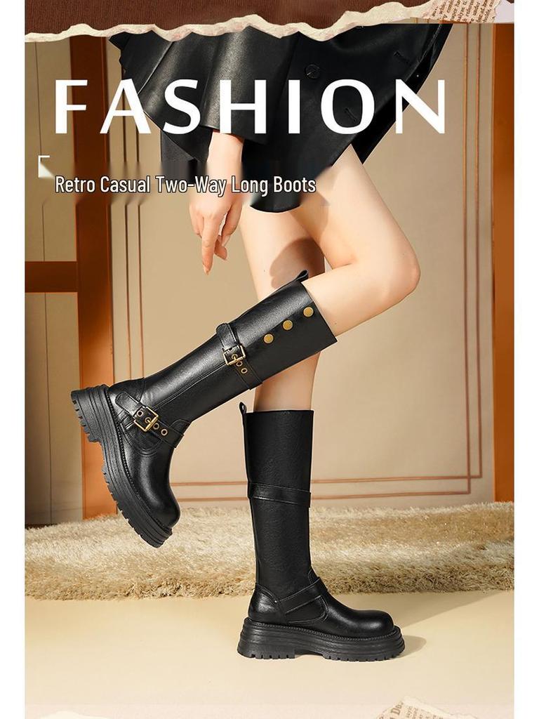 Women's Retro Western Knee-High Boots - Autumn 2025 Style, Thick-Soled, Slimming, High-Top Knight Boots