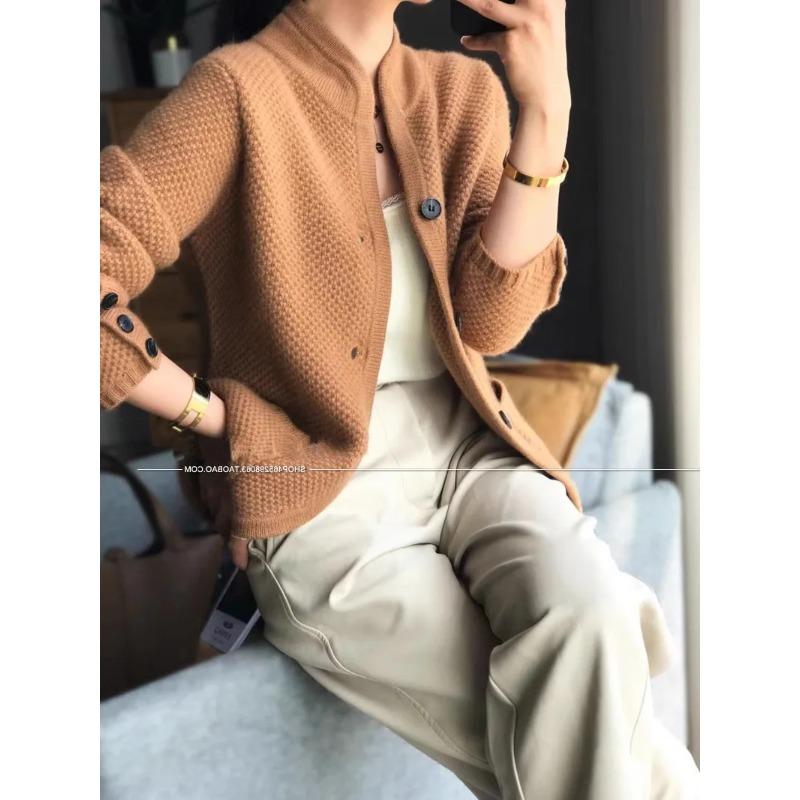 Autumn Winter New Thickened 100% Cashmere Wool Cardigan Women Stand Neck Sweater Sweater Loose Knit Base Wool Sweater Jacket
