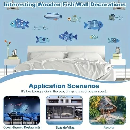 10 Pcs Wood Fish Nautical Wall Decor Rustic Hanging Beach Decor Ocean Coastal Theme Vintage Blue Fish Sculpture for Living Room Bathroom Kitchen
