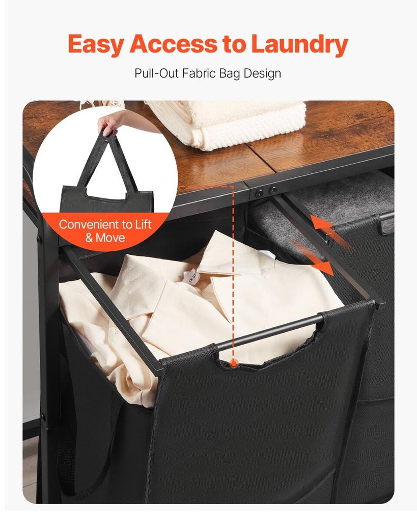 2 Section Laundry Sorter with Pull-Out Bags Metal Frame & Wooden Tabletop