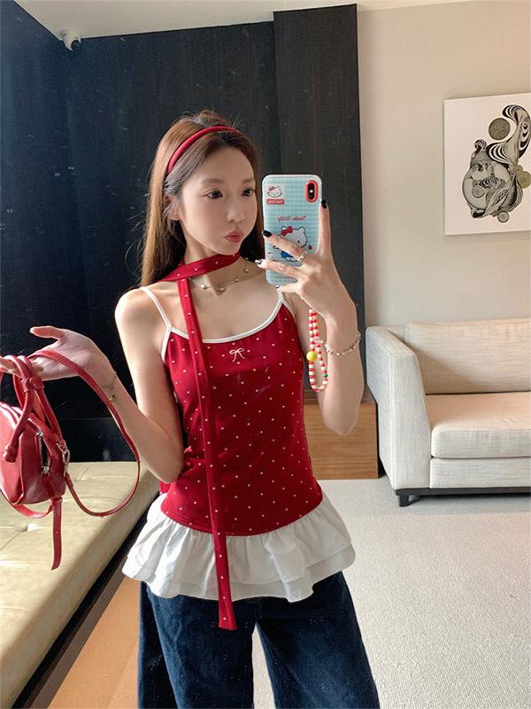 Korean Sweet & Spicy Polka Dot Red Camisole - Slimming & Versatile Summer 2026 Women's Top