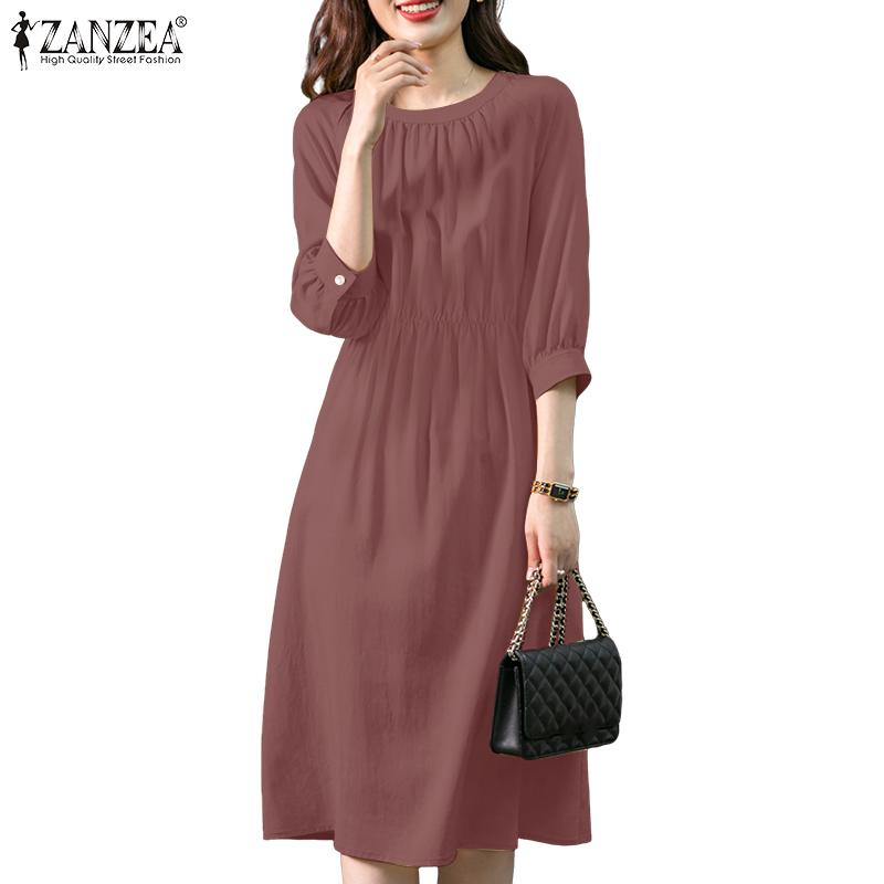 ZANZEA Women Casual Round Neck Loose 3/4 Sleeve Dress