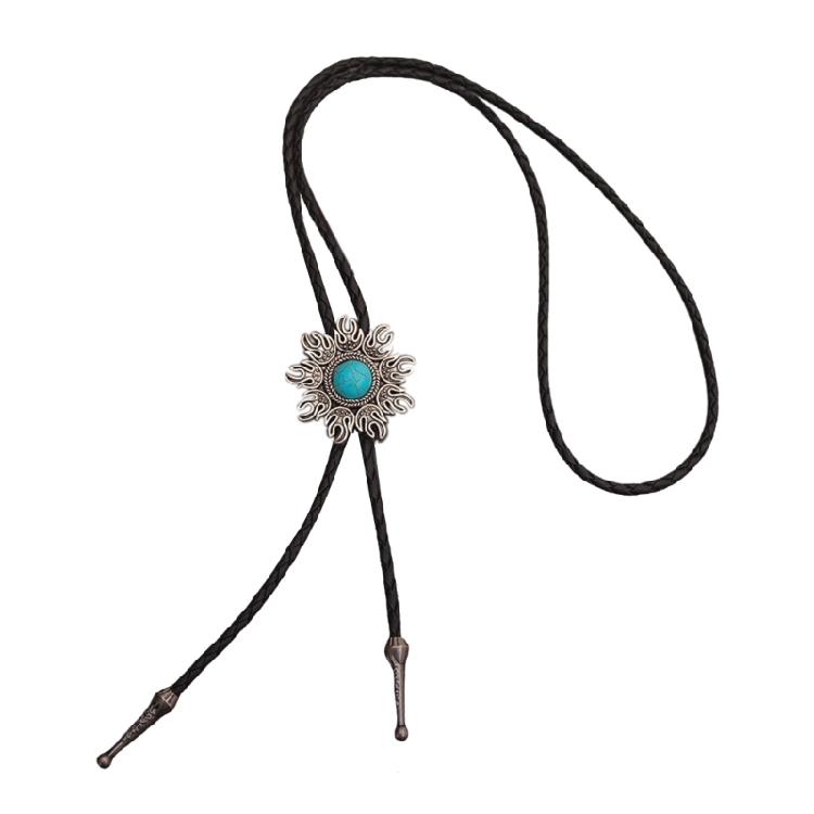 Metal Flower Stone Pendant Western Bolo Tie Faux Leather Rope Necktie Necklace Shirt Collar Chain Jewelry Neckwear