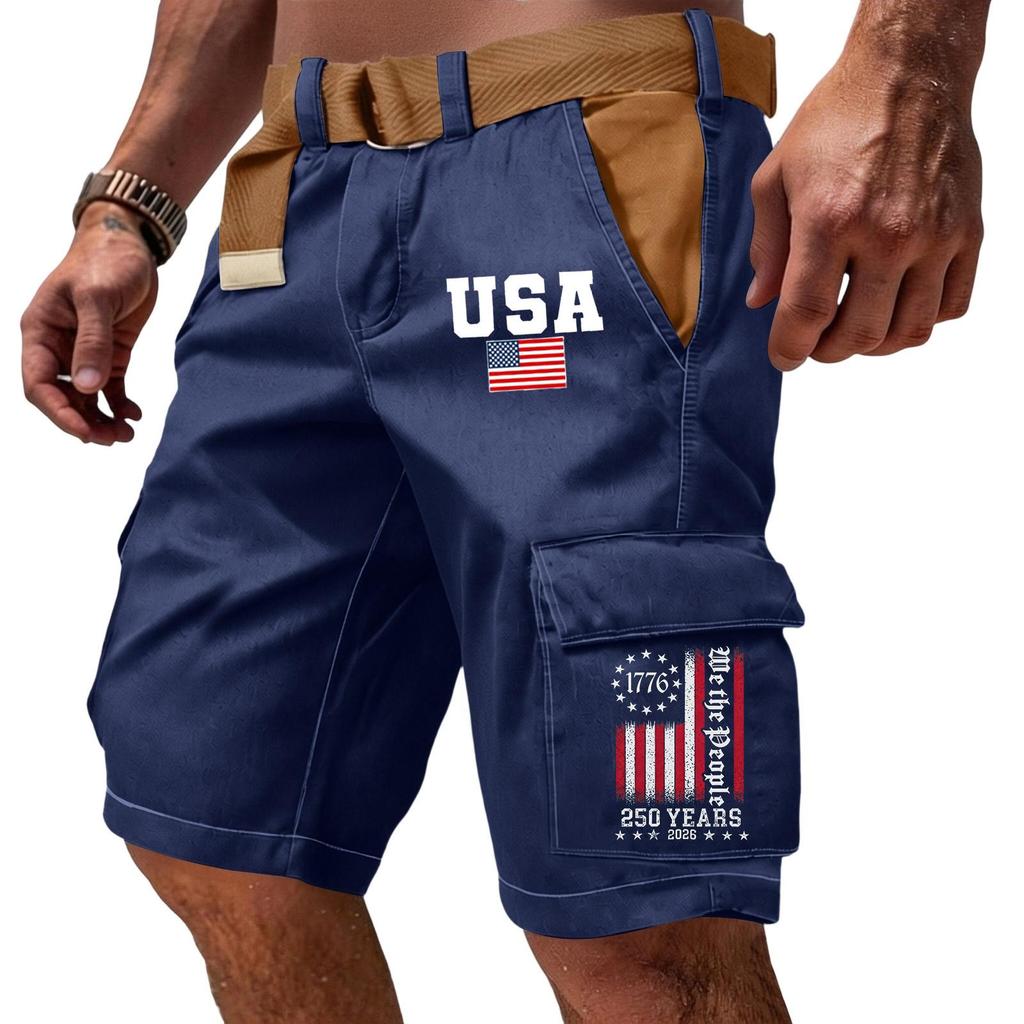 Men's Casual Multi Pocket Cargo Shorts with Flag and Lettering Print Adjustable Waistband Outdoor Workwear Shorts