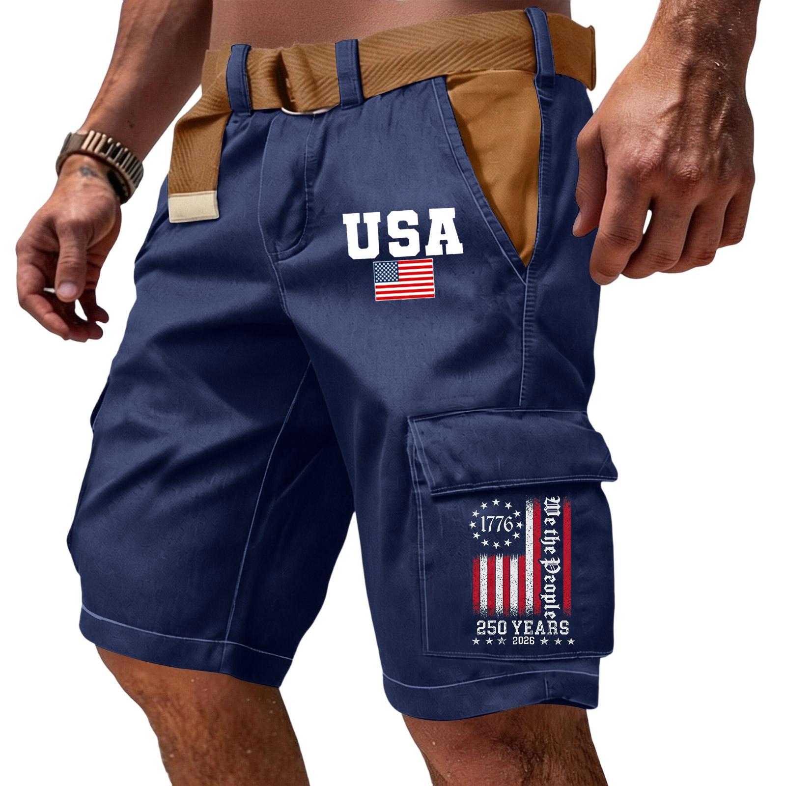 

Men s Casual Multi Pocket Cargo Shorts with Flag and Lettering Print Adjustable Waistband Outdoor Workwear Shorts M Темно-синій