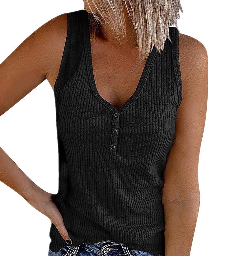 2023 Summer Women's Solid Color V-Neck Button Vest Sleeveless Top