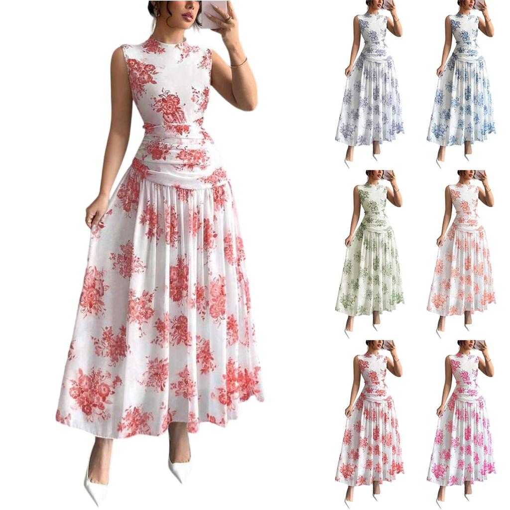 Ärmelloses Damen-Midikleid mit Blumendruck, Rundhalsausschnitt und gefalteter Taille, Elegantes lässiges Sommerkleid für den täglichen Gebrauch