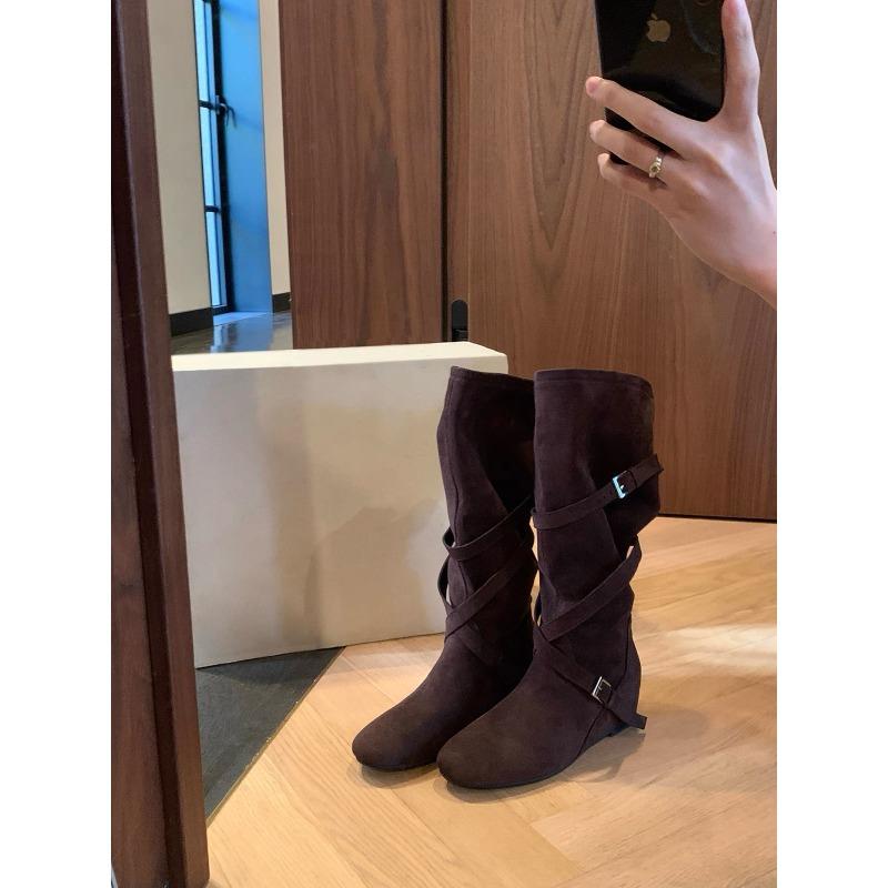 Cowhide version inner height increase cm knight boots women's cross buckle pleated long boots slim medium boots