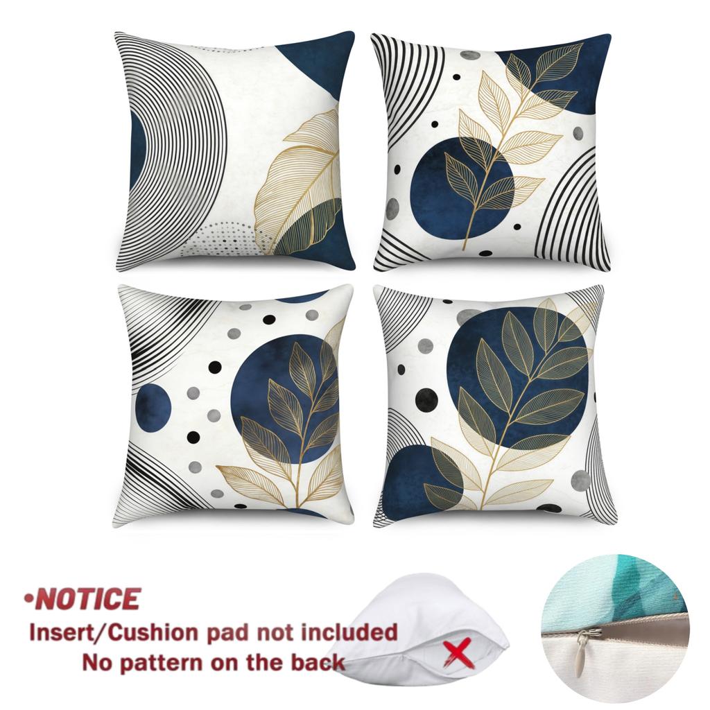 Navy Blue Gold Geometric Pillow Covers 4 Pack Modern Abstract Leaf Pattern Polyester Linen Pillowcases Bedroom Living Room Decor