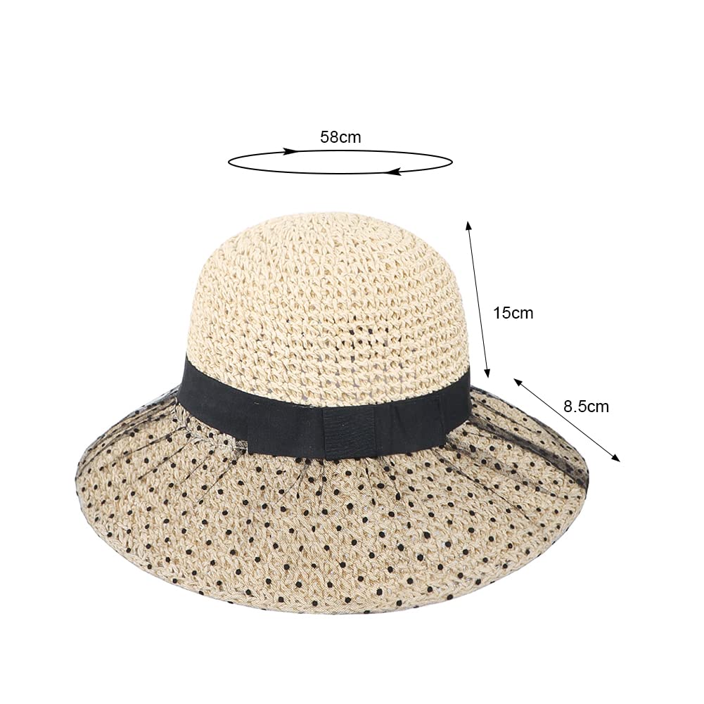 Straw Hat with Sunshade for Dot Wide Knitted Sun Cap for UV Small Beach Easy to Going Mountain Beige [XGOPTS] Women, Summer, Cool, Elegant, Mesh,