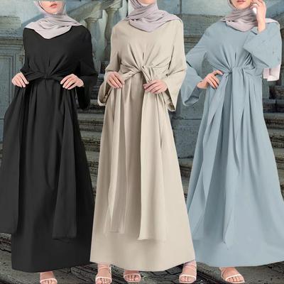 Solid Soft Loose Robe Breathable For Women's Long Sleeve Long Middle Dress Muslim Robe
