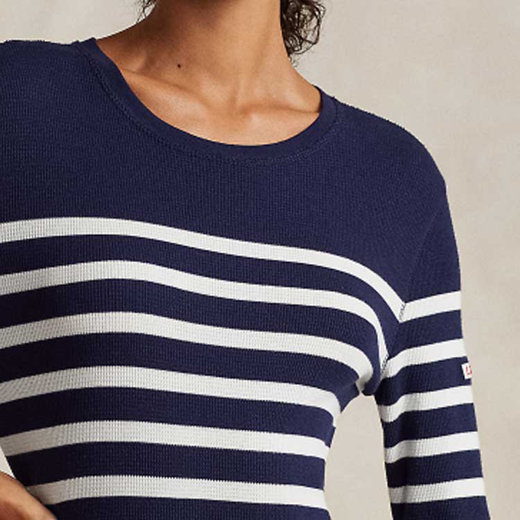 Polo Ralph Lauren SS24 Pruhované vaflové pletené šaty s dlouhým rukávem slim fit Dámské šaty Tmavě modrá WMPODRSNFA20618-410