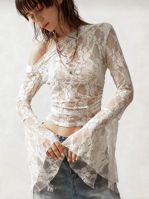 Elegant Slim-Fit One-Shoulder Lace Blouse: European & American Style, Long-Sleeve, See-Through for Women
