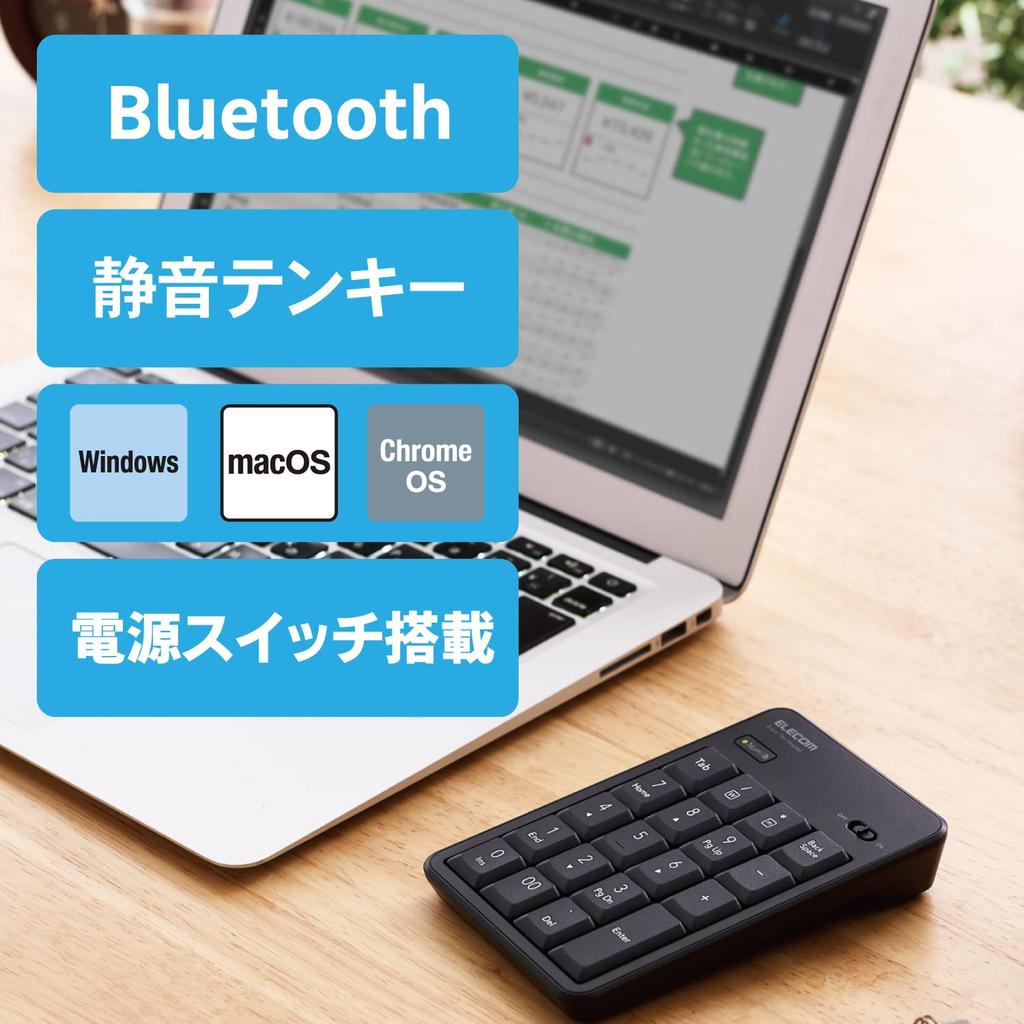 ELECOM Bluetooth Numeric Keypad, Quiet Design, Compatible with Windows, Chrome OS, and macOS, Black, TK-TBM023SKBK