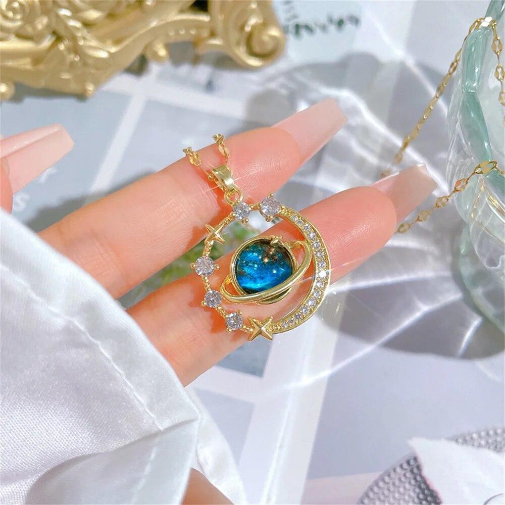 

Stainless Steel Clavicle Chain Exquisite Starry Sky Planet Light Luxurious Temperament Gorgeous Necklace Star and Moon Versatile