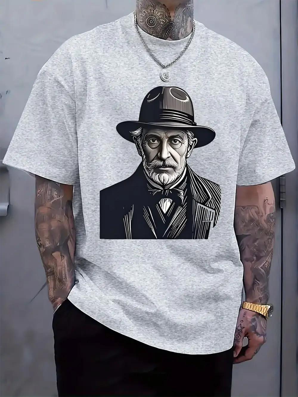 Vintage Gentleman Print T-shirt - Casual Crew Neck S