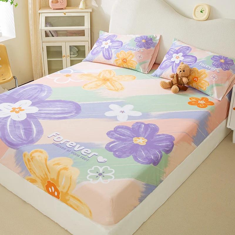 New Purple Flowers Fitted Sheet Set 100% Cotton Printed Fitted Sheet Pillowcases for Kids Boys Girls Bedroom Decor Bedding Set