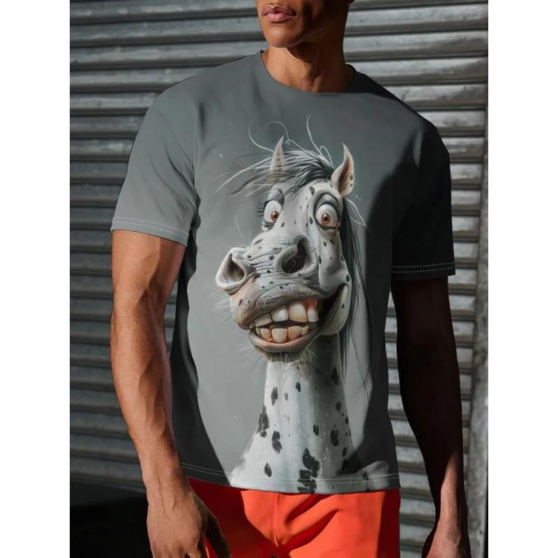 New Men's Summer Personalized Creative Horse Pattern Fashionable Comfortable Loose Large Round Neck Short Sleeve T-shirt