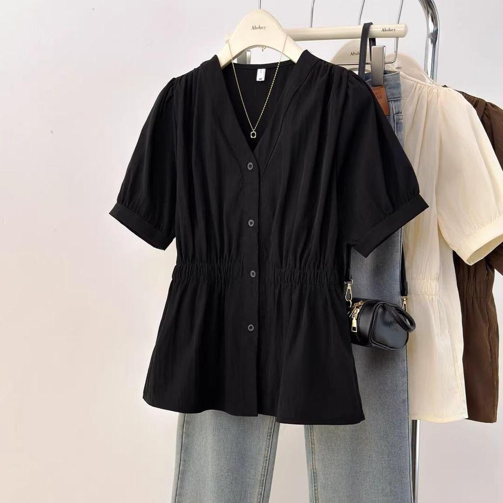 Summer Slim Fit Shirt Women's Bubble Sleeve Loose Waist Short Sleeve V-Neck Top Elegant Fashion Large Size Casual Noble