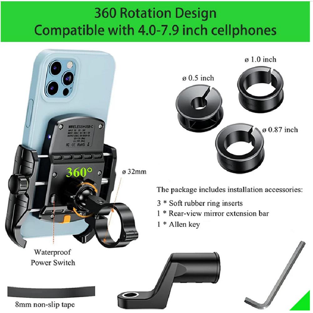Motorcycle Phone Holder Wireless Cradle Charger Handlebar Mount For 4"-7" Phone
