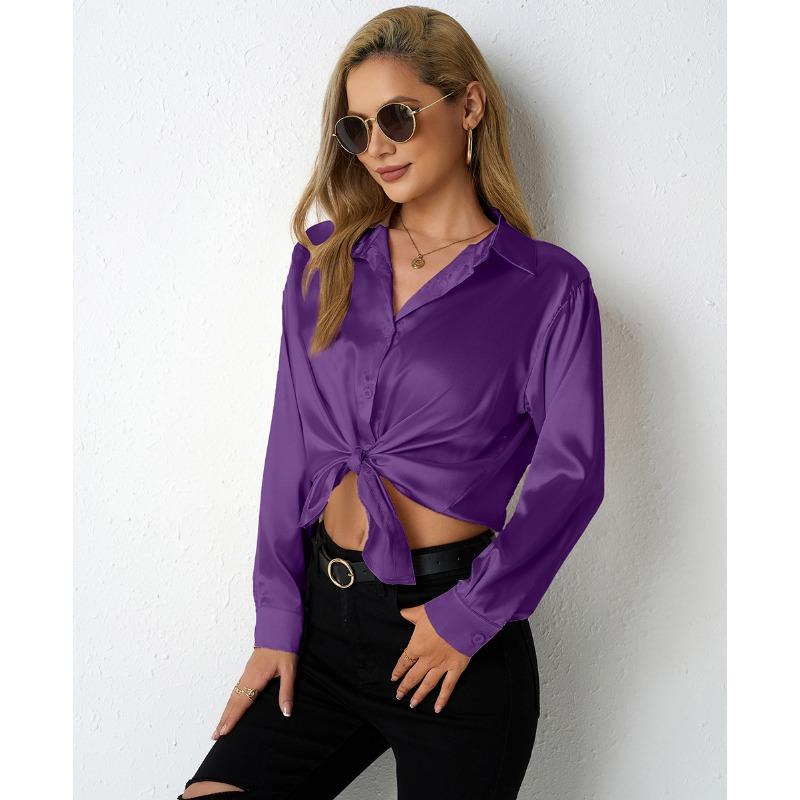 Women's Satin Shirt Simple V-neck Button Blouse Loose Long Sleeved Blouses & Shirts