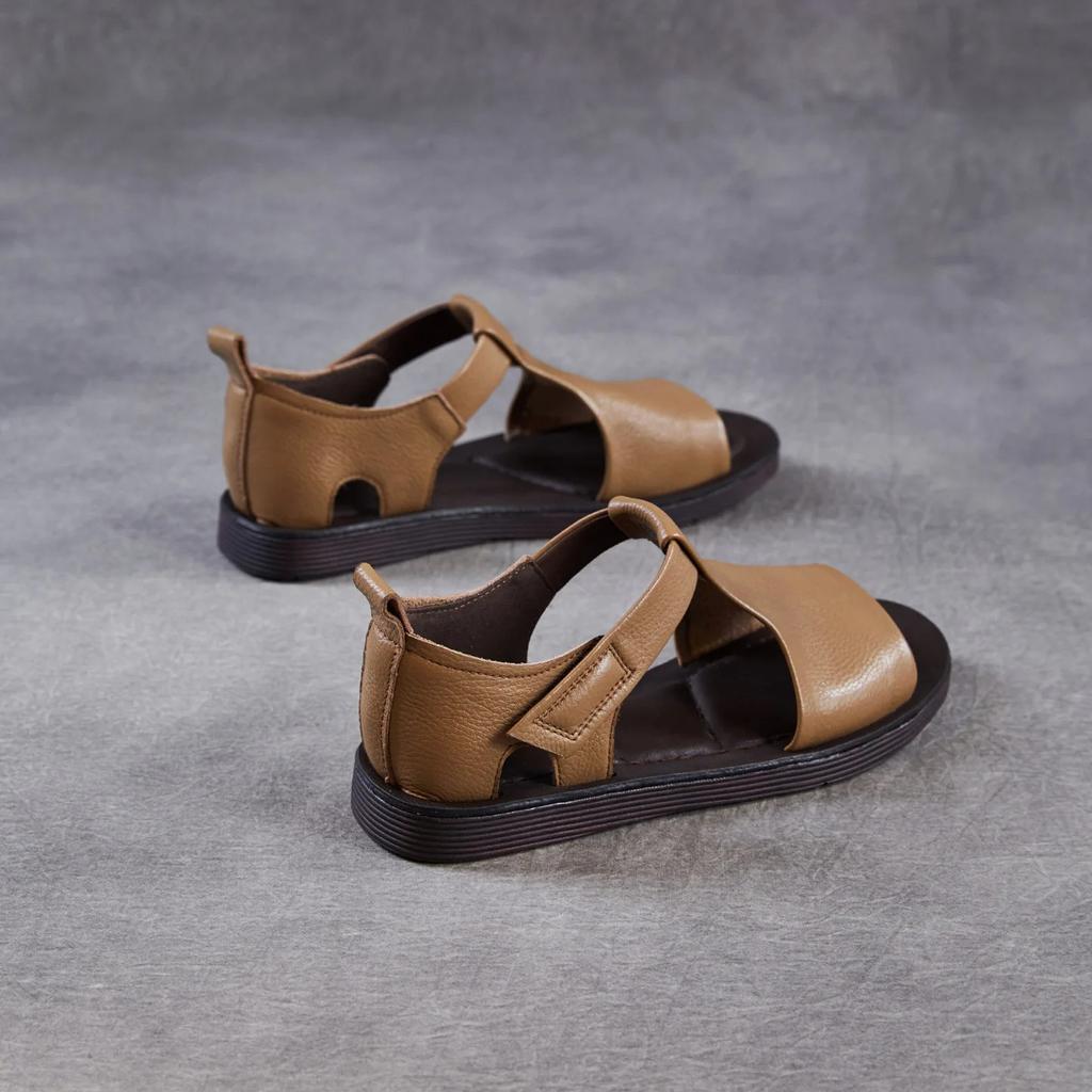Johnature Retro Genuine Leather Peep Toe Flat Sandals Versatile Casual Soft Soled Beach Shoes