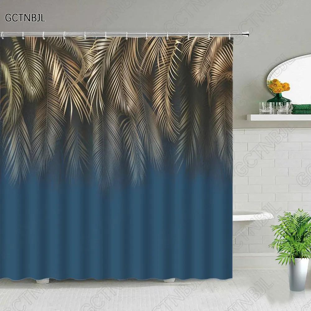 Tropical Green Plant Bathroom Shower Curtains Black Background Gold Palm Leaf Pattern Bath Curtain Waterproof Bathtub Home Decor