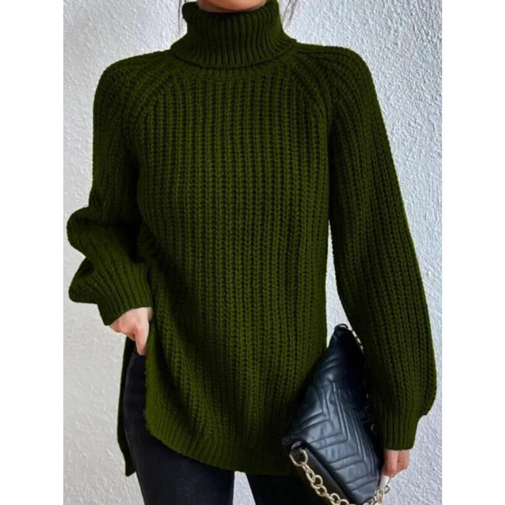 Autumn/Winter Soft Knitwear Fashion Raglan Long Sleeve Turtleneck Split Sweater Casual Warm Solid Mid-length Pullover