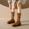 Embroidered Cowboy For Women New  Round Toe Platform Boots Retro Classic Western Cowgirl Trendy Mid-Calf