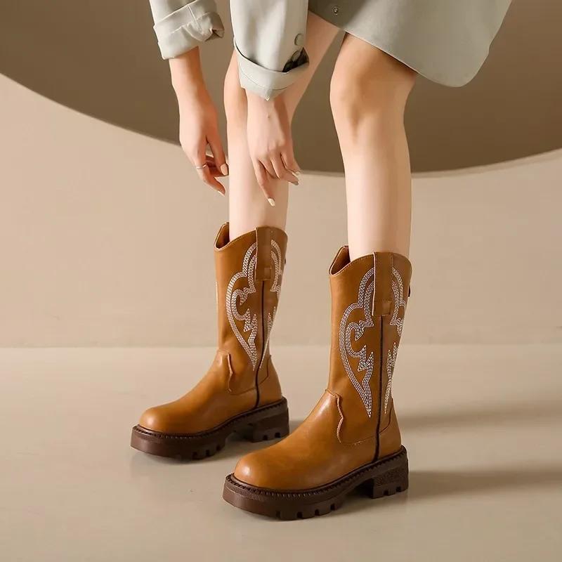 Embroidered Cowboy For Women New  Round Toe Platform Boots Retro Classic Western Cowgirl Trendy Mid-Calf