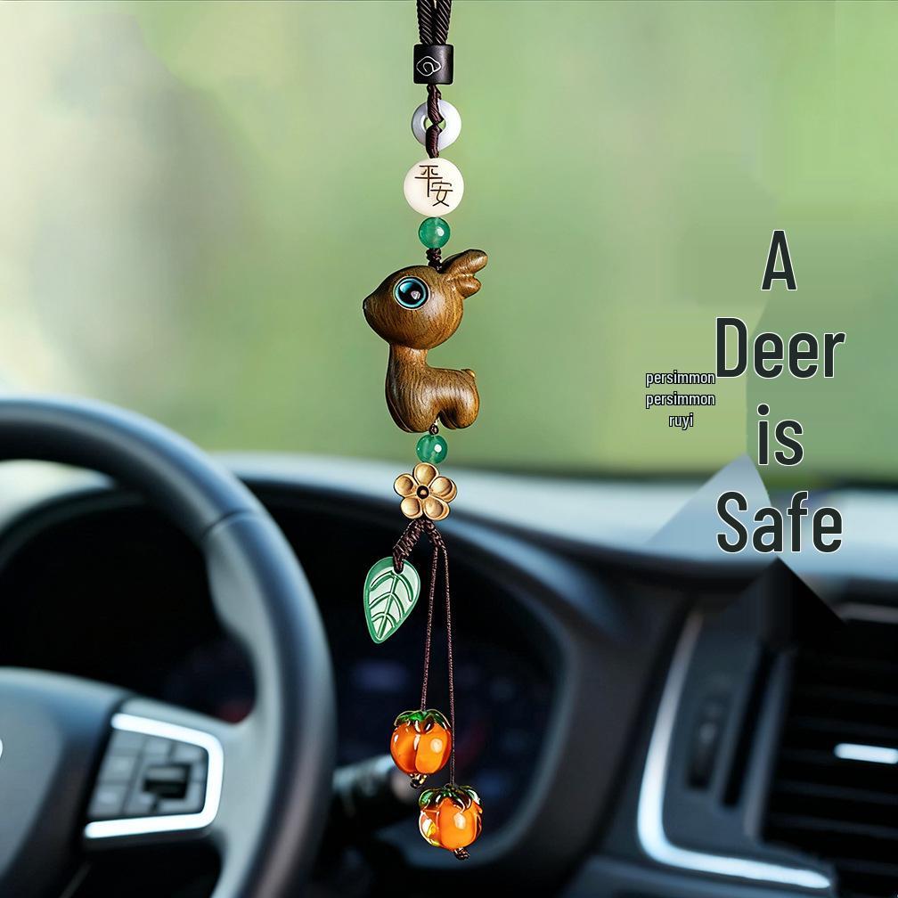 Sandalwood Little Deer Car Charm: Gourd Ornament for Rearview Mirror