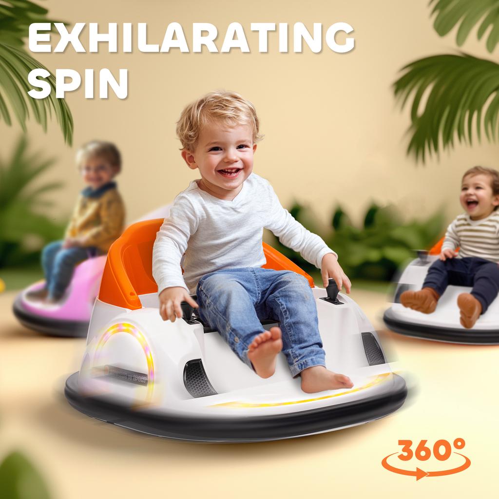 360 degrees Rotation Kids Bumper Car, 12V Waltzer Car with Remote Control, Dual Joysticks, Music Lights, Orange