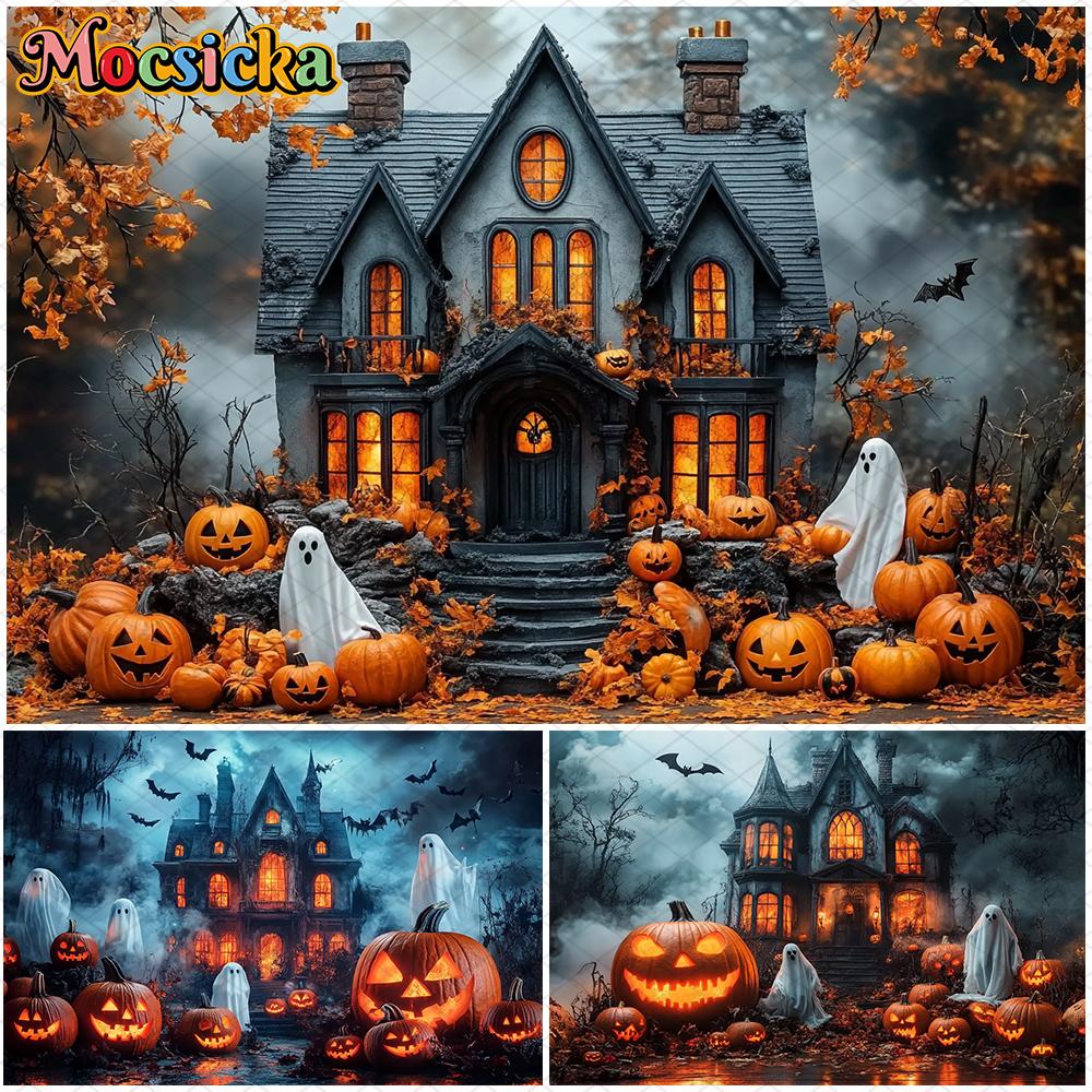 Mocsicka Halloween Photography Background House Castle Ghost Bat Autumn Leaf Pumpkin Party Decorations Photo Backdrops Wallpaper