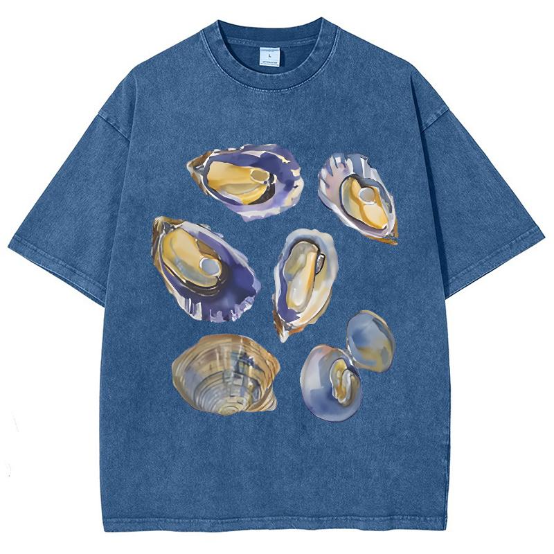 Colorful Shell Print Women's T-Shirt Mid-Sleeve Wash Faux Denim Short-Sleeved Pullover Cool And Comfortable Tee Top