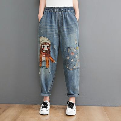 Cartoon Litter Girl Embroidery Denim Pants For Women Trendy Hole Casual High Waist Breeches Pockets Mom Harem Blue Jeans