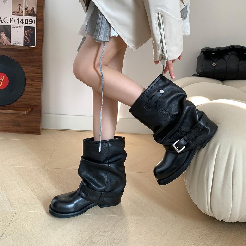 [Beauty Boot Expert] Black And Gray Buckle Strap Stacking Boots Short Pleated Ss Korean Niche Design Trouser Tube Boots