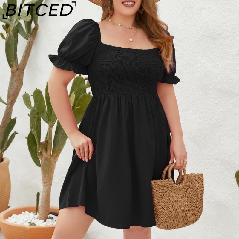 BITCED Plus Size Solid Color Casual Resort Dress Travel Square Neckline Ruffled Puff Sleeve Dress