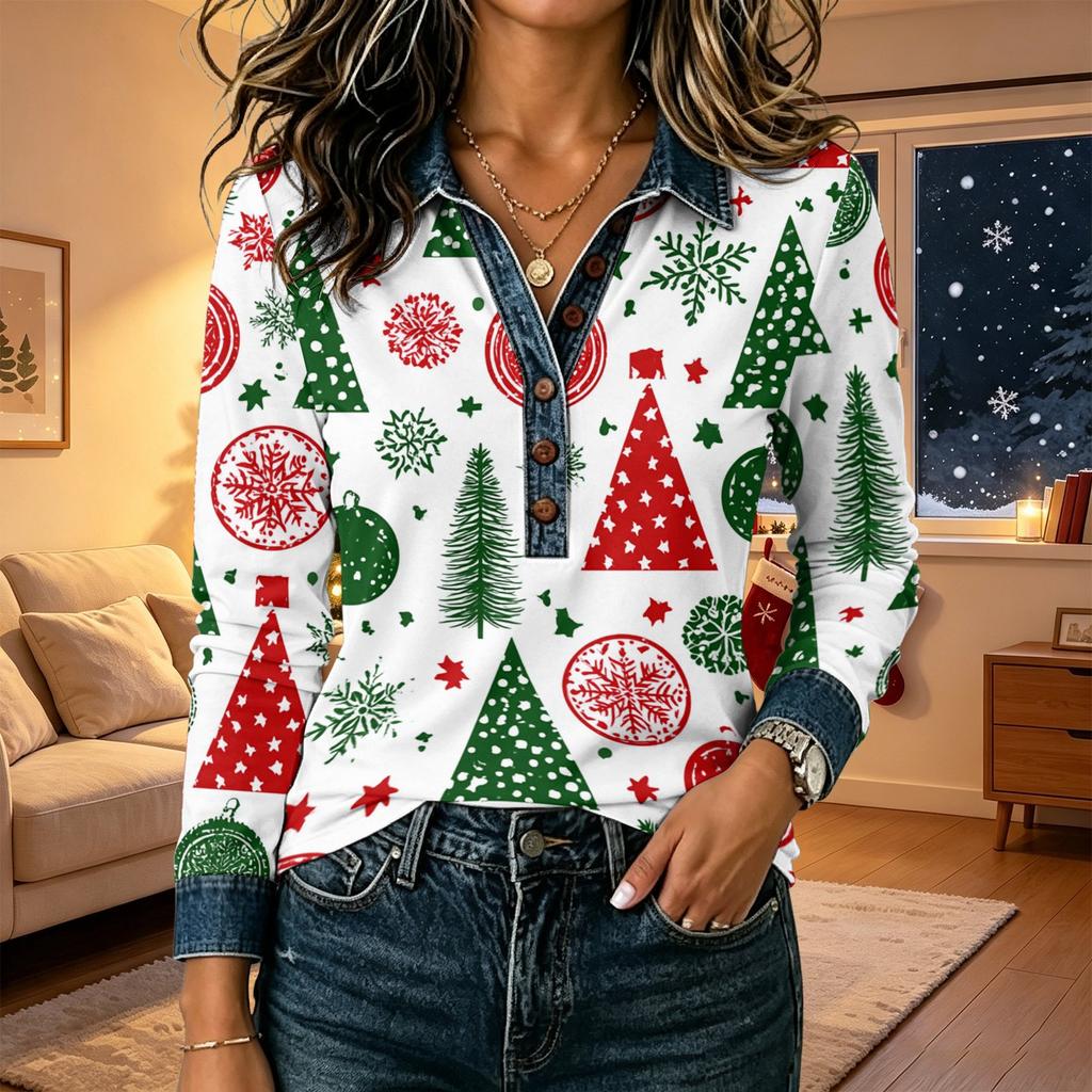 Women's Casual Loose Fit Long Sleeve Christmas Print Patchwork Top with Shoulder