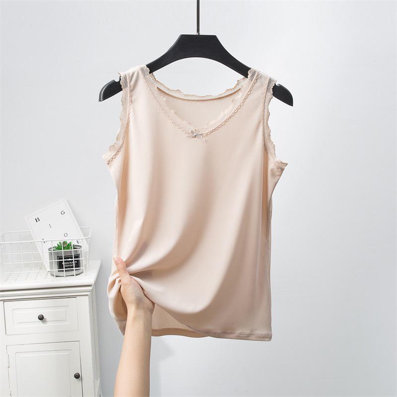 

Женский летний топ-майка из рубчатого кружева из ледяного шелка - Однотонный, Приталенный, Без рукавов, Удобное нижнее белье. One Size