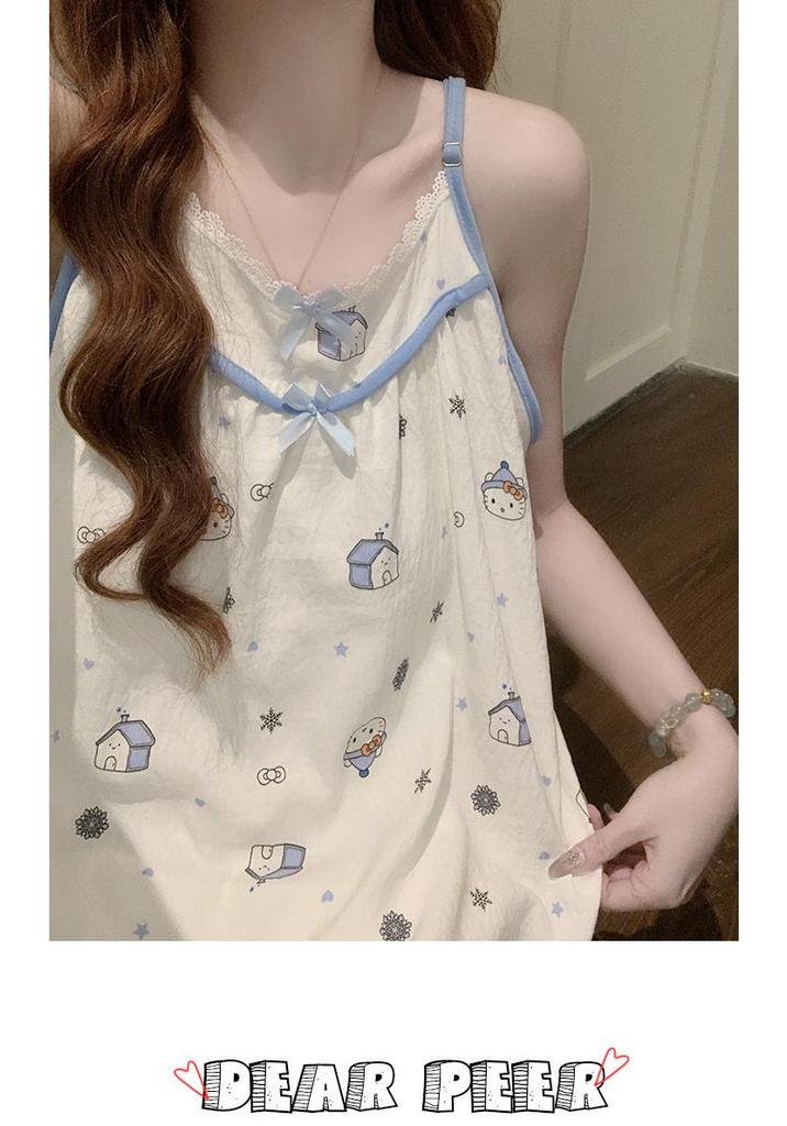 Korean Style Petite Women's Pajama Set with Chest Pads and Sweet Bow Summer Camisole, Suitable for Outdoor Wear