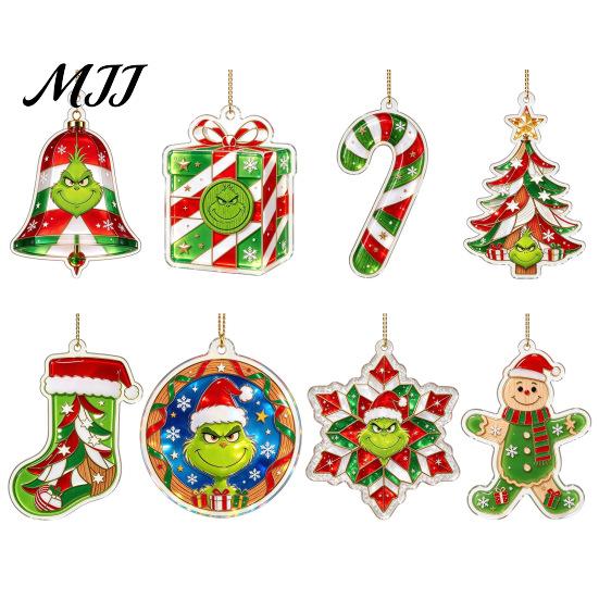 Gift Box Snowflake Ornaments Green Elf Christmas Ornament, 2D Acrylic Red Bell Tree Candy Cane Durable Holiday Gifts Shaped Double Sided Hanging