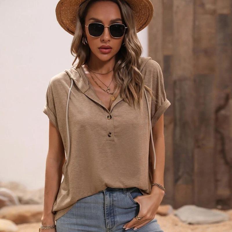 Summer 2025 Short Sleeve Loose Hooded T-shirt Women Elegant Button V Neck Slim Fit Casual T Shirt Woman Fashion Solid Simple Drawstring Lady Tee 26480