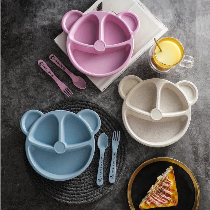 Panda-Themed Wheat Straw Children's Dinnerware Set - 3 Pieces: Divided Plate, Spoon, and Fork