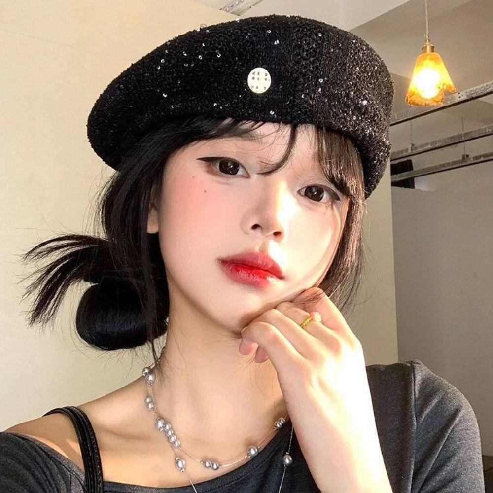 Hollowed Out Weave Hat Paillette Crochet Knitted Cap Elegant Sequin Beret Hat  Women